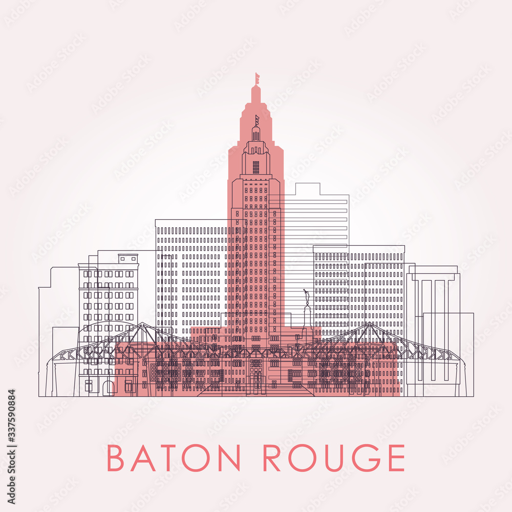 Outline Baton Rouge skyline with landmarks. Vector illustration. Business travel and tourism concept with historic buildings. Image for presentation, banner, placard and web site.