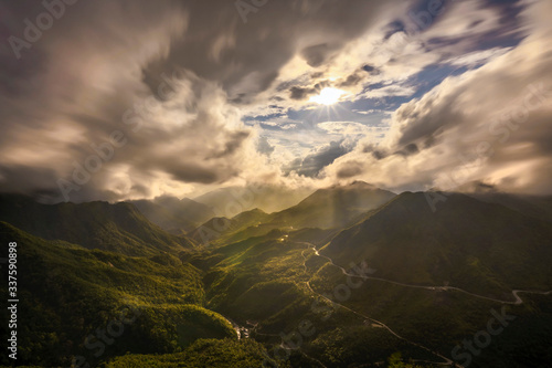 Aerial view of O Quy Ho pass from Sapa, Lao Cai to Lai Chau, Vietnam. O Quy Ho is one of the top 4 pass in Vietnam. 