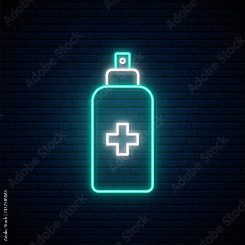 Disinfectant spray neon sign. Bright light antibacterial spray icon in neon style. Concept hygiene symbol. Vector illustration.