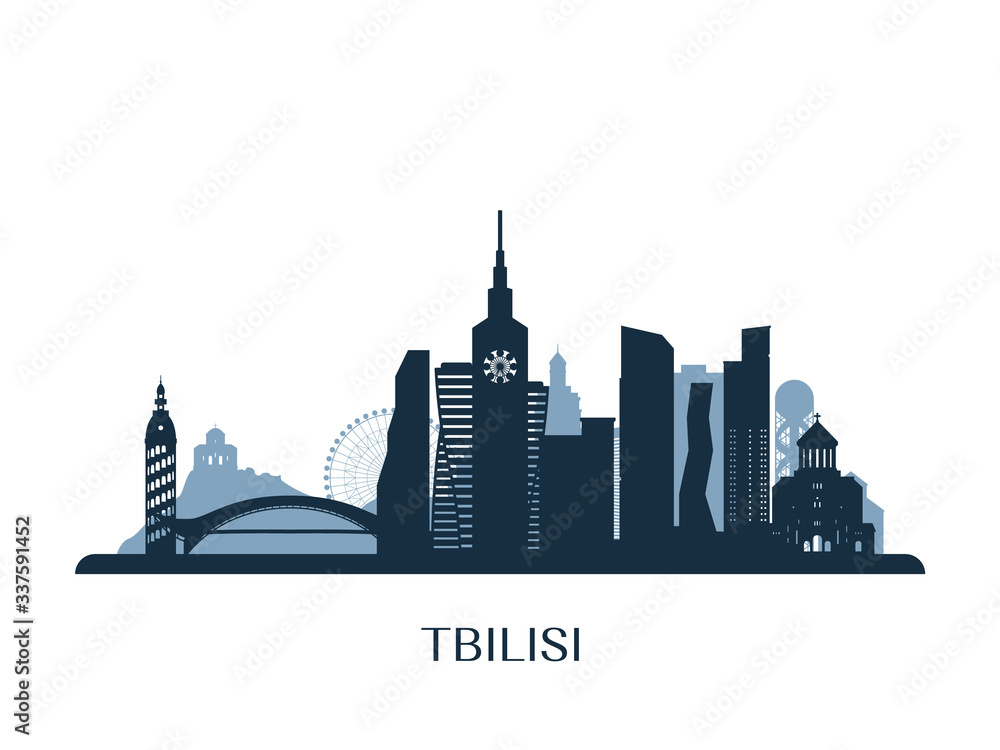 Tbilisi skyline, monochrome silhouette. Vector illustration.