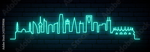 Blue neon skyline of Riyadh city. Bright Riyadh long banner. Vector illustration.