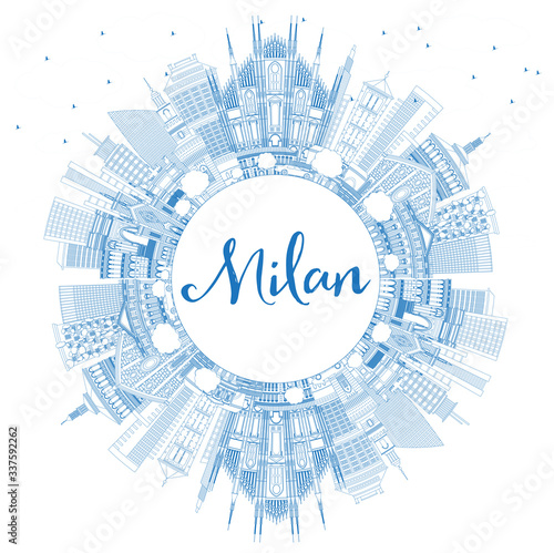 Outline Milan Italy City Skyline with Blue Buildings and Copy Space.