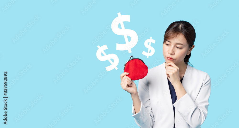 Young asian businesswoman showing a wallet. US dollar sign. Young asian businesswoman showing a wallet. US dollar sign.