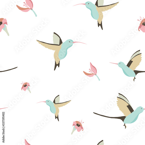 Vector seamless background with hummingbirds and hibiscuses. Tropical pattern suitable for fabric, paper or web background design
