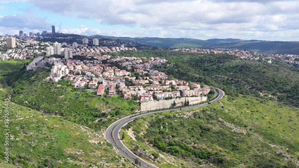 Corona Virus lockdown, Haifa Freud mountain road connecting the city lower west area to Central Carmel, with no traffic due to government guidelines, Aerial view. Corona Virus lockdown, Haifa Freud mountain road connecting the city lower west area to Central Carmel, with no traffic due to government guidelines, Aerial view.