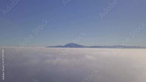 Aerial view of Tanger City Africa in a foggy beautiful December day. View point from Europe Continent to Africa Continent above the Gibraltar strait.