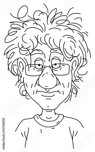 Sad and unkempt man with a boring face in glasses a month later in quarantine at home during virus pandemic, outlined black and white vector cartoon illustration on a white background