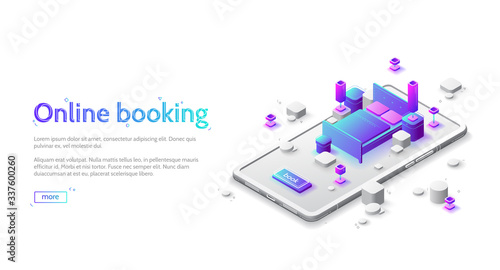 Online hotel booking isometric landing page. Book apartment room service, application for mobile phone. Double bed, nightstands and lamps standing on huge smartphone screen, 3d vector web banner