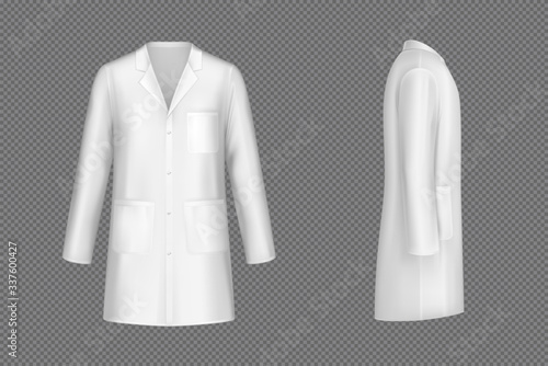 White doctor coat, medical uniform isolated on transparent background. Vector realistic mock up of lab costume front and side view. Clothes for medicine profession, nurse suit, physician robe