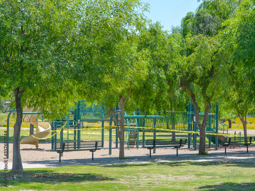Obraz premium Play grounds closed due to Coronavirus, Covid-19. Social distancing ordered by the Governor of Arizona, Glendale, Maricopa County, Arizona USA