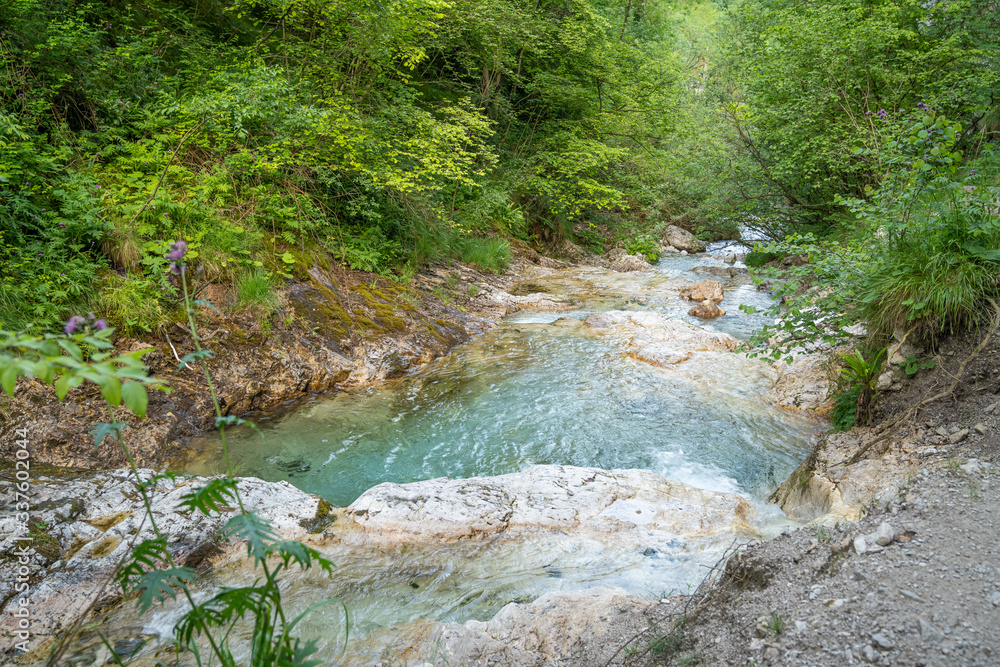Waterfall at the Val Vertova Torrent Lombardy near Bergamo in Italy in the middle of the Orobiche mountains.