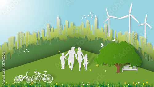 Paper folding art origami style vector illustration. Abstract design green sustainable energy development, environment friendly concept, happy family is walking in a park in the middle of the big city