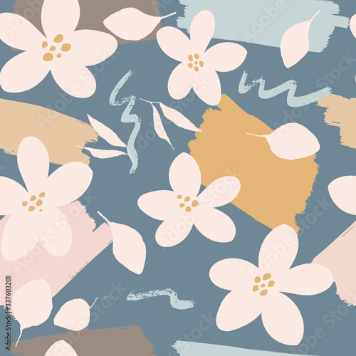 Floral seamless pattern, hand drawn flowers nad leaves, botanic abstract illustration, vector background, floral design for textiles, product packaging, posters 