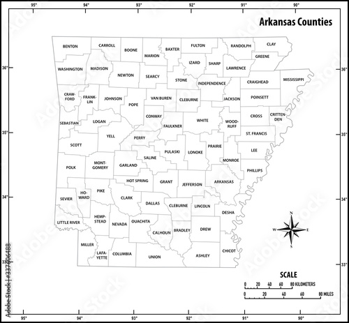 Arkansas state outline administrative and political map in black and white