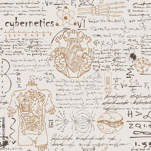 vector image of a seamless texture background in the style of sketches from the diary of a scientist inventor with formulas and notes