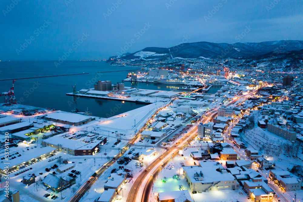 
aerial panoramic view of Otaru city of winter time in Hokkaido,Japan 