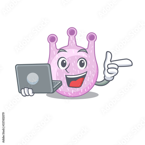 Cartoon character of viridans streptococci clever student studying with a laptop