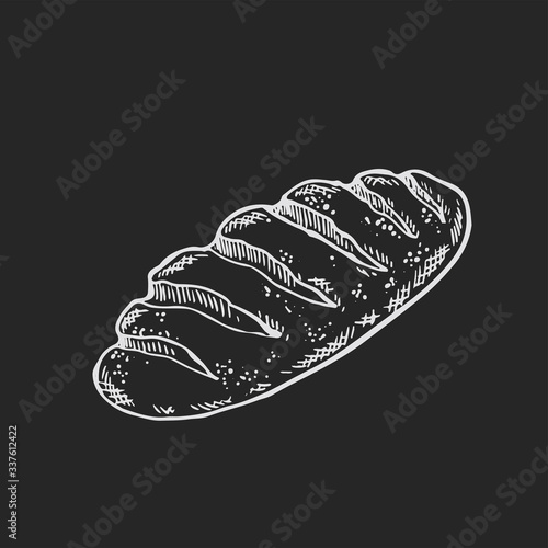 Baguette bread vector drawing on a black background. Bakery product sketch. Vintage food illustration for shop, bread house label, menu or packaging design.