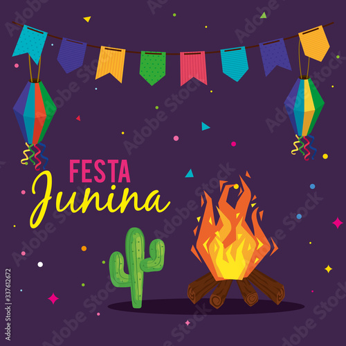 festa junina poster with bonfire and icons traditional vector illustration design
