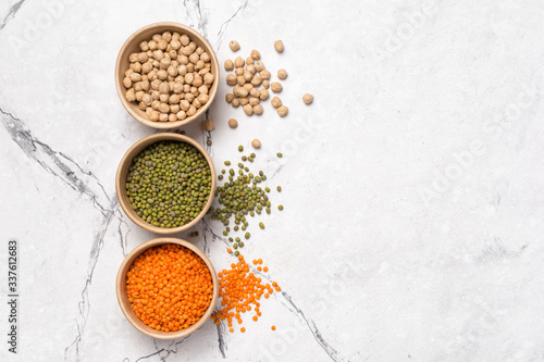 Bright set of red lentils, mung beans and chickpeas for healthy nutrition