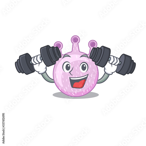 Mascot design of smiling Fitness exercise viridans streptococci lift up barbells