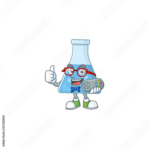 Blue chemical bottle talented gamer mascot design play game with controller