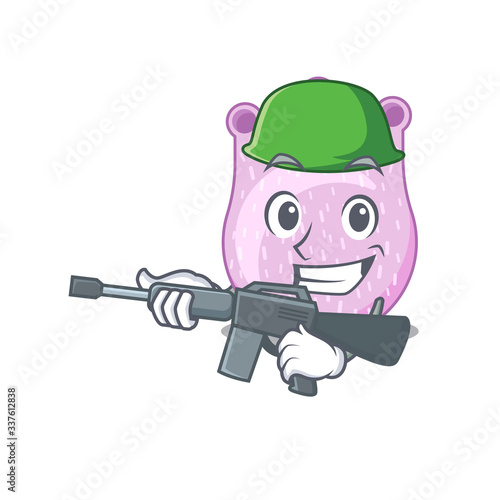 A cartoon picture of viridans streptococci in Army style with machine gun
