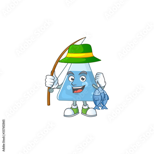 A Picture of blue chemical bottle fisher mascot design catch a fish