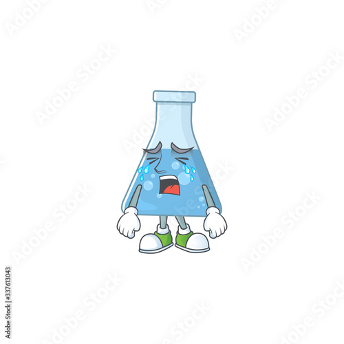 A weeping blue chemical bottle cartoon character concept