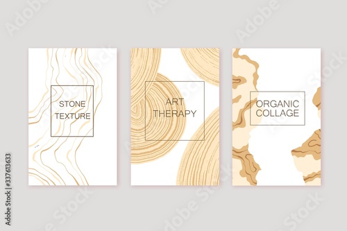 Set of cards with abstract marble, stone texture in beige, yellow colors. Organic natural shapes. Creative background. Minimal modern design.