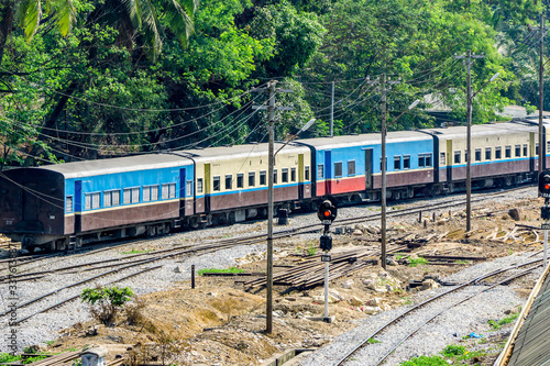 A train coming to flatform at the Central Railway Station in Yangon, Myanmar. Yangon is the country main centre for trade, industry and tourism.