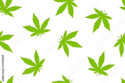 Seamless pattern with green leaves of marihuana. Cannabis endless background.