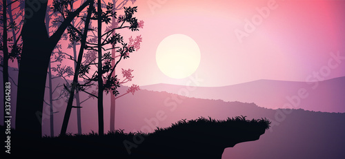 Natural forest mountains horizon hills silhouettes of trees. Evening Sunrise and sunset. Landscape wallpaper. Illustration vector style. Colorful view background. photo