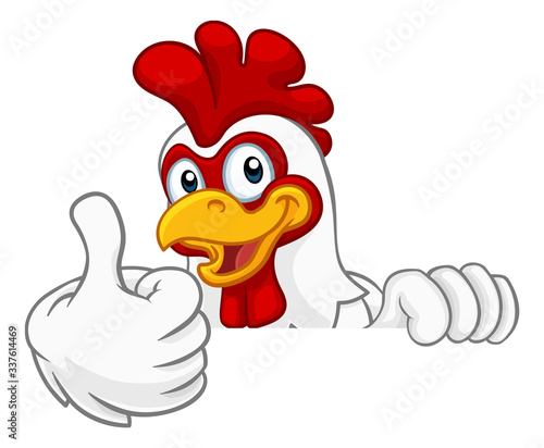 Leinwand Poster A chicken rooster cockerel bird cartoon character peeking over a sign and giving