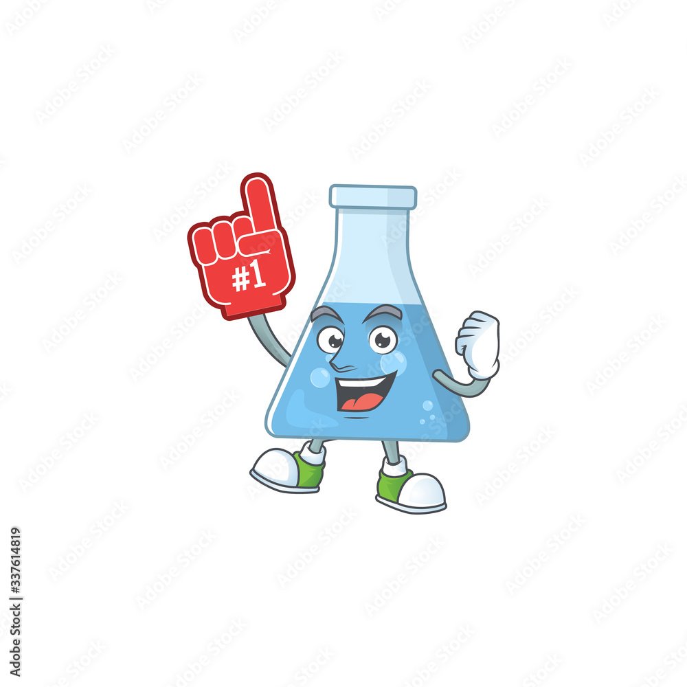 Cartoon character concept of blue chemical bottle holding red foam finger