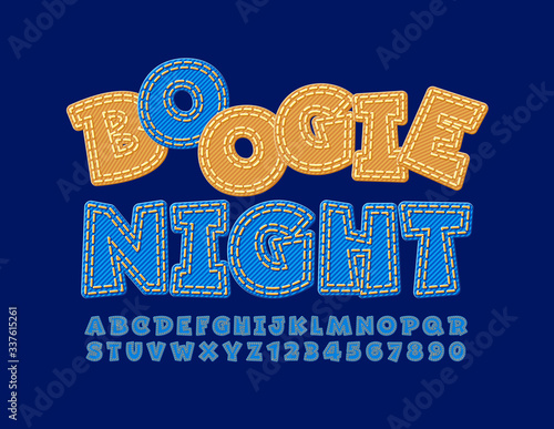 Vector party poster Boogie Night. Blue Denim Font. Trendy Jeans Alphabet Letters and Numbers