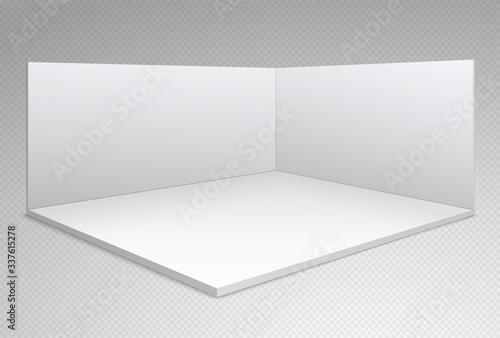 Empty exhibition stand hall with white walls and floor. Trading room, presentation conference hall.