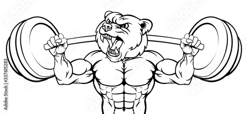 A bear animal body builder sports mascot weight lifting a barbell