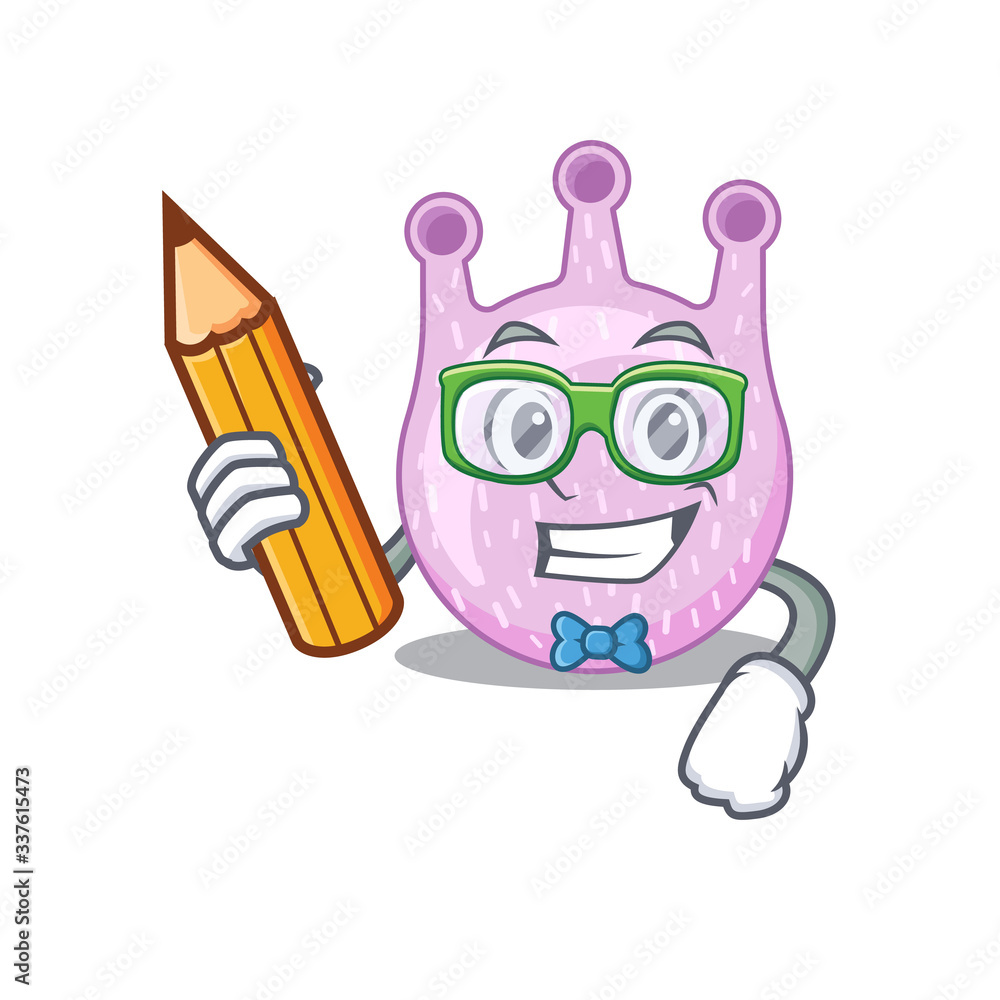 A brainy student viridans streptococci cartoon character with pencil and glasses