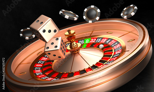 Casino background. Luxury Casino roulette wheel on black background. Online casino theme. Close-up white casino roulette with a ball, chips and dice. Poker game table. 3d rendering illustration. photo