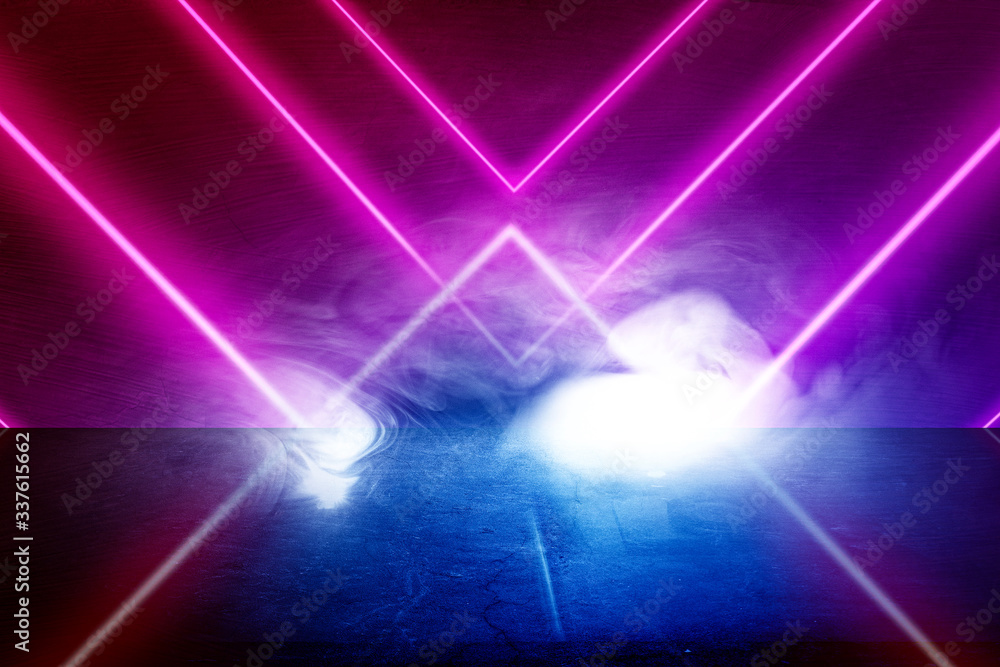 Empty background scene. Dark street reflection on wet asphalt. Rays of neon light in the dark, neon figures, smoke. Background of empty stage show. Abstract dark background. Empty background scene. Dark street reflection on wet asphalt. Rays of neon light in the dark, neon figures, smoke. Background of empty stage show. Abstract dark background.