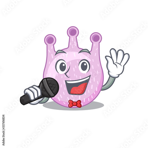 Talented singer of viridans streptococci cartoon character holding a microphone