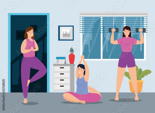 group of women home workout vector illustration design