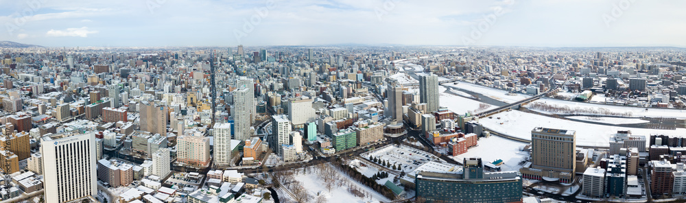 Fototapeta premium aerial view of Sapporo city Hokkaido in winter