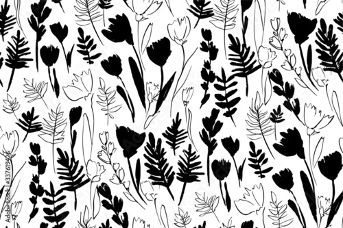 Floral seamless background pattern. Tulips flowers hand drawn, vector. Spring summer. Fabric swatch, textile design, wrapping