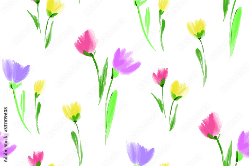 Floral seamless background pattern. Tulips flowers hand drawn, vector. Spring summer. Fabric swatch, textile design, wrapping
