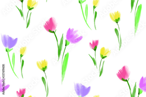 Floral seamless background pattern. Tulips flowers hand drawn, vector. Spring summer. Fabric swatch, textile design, wrapping © Elena