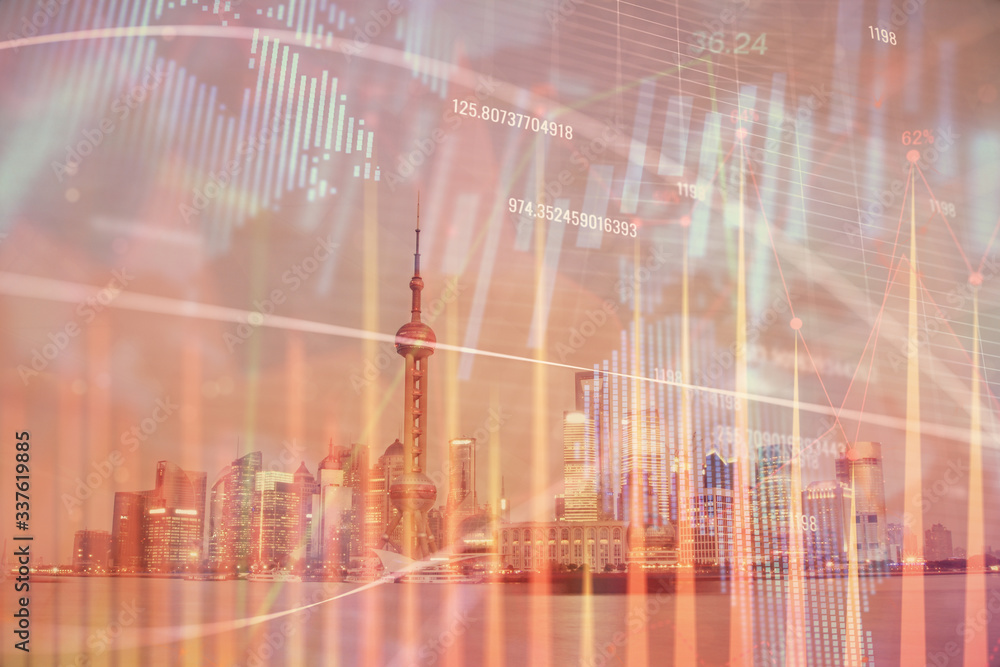 Forex chart on cityscape with tall buildings background multi exposure. Financial research concept. Forex chart on cityscape with tall buildings background multi exposure. Financial research concept.