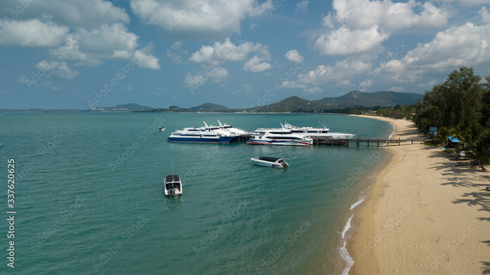 Docked ferrys during covid 19 lockdown - Koh Samui - Thailand - drone photo