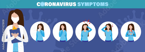 Coronavirus alert inforgaphic symptoms. Epidemic situation, covid-19 infection, fever and cough. Pandemia of world.